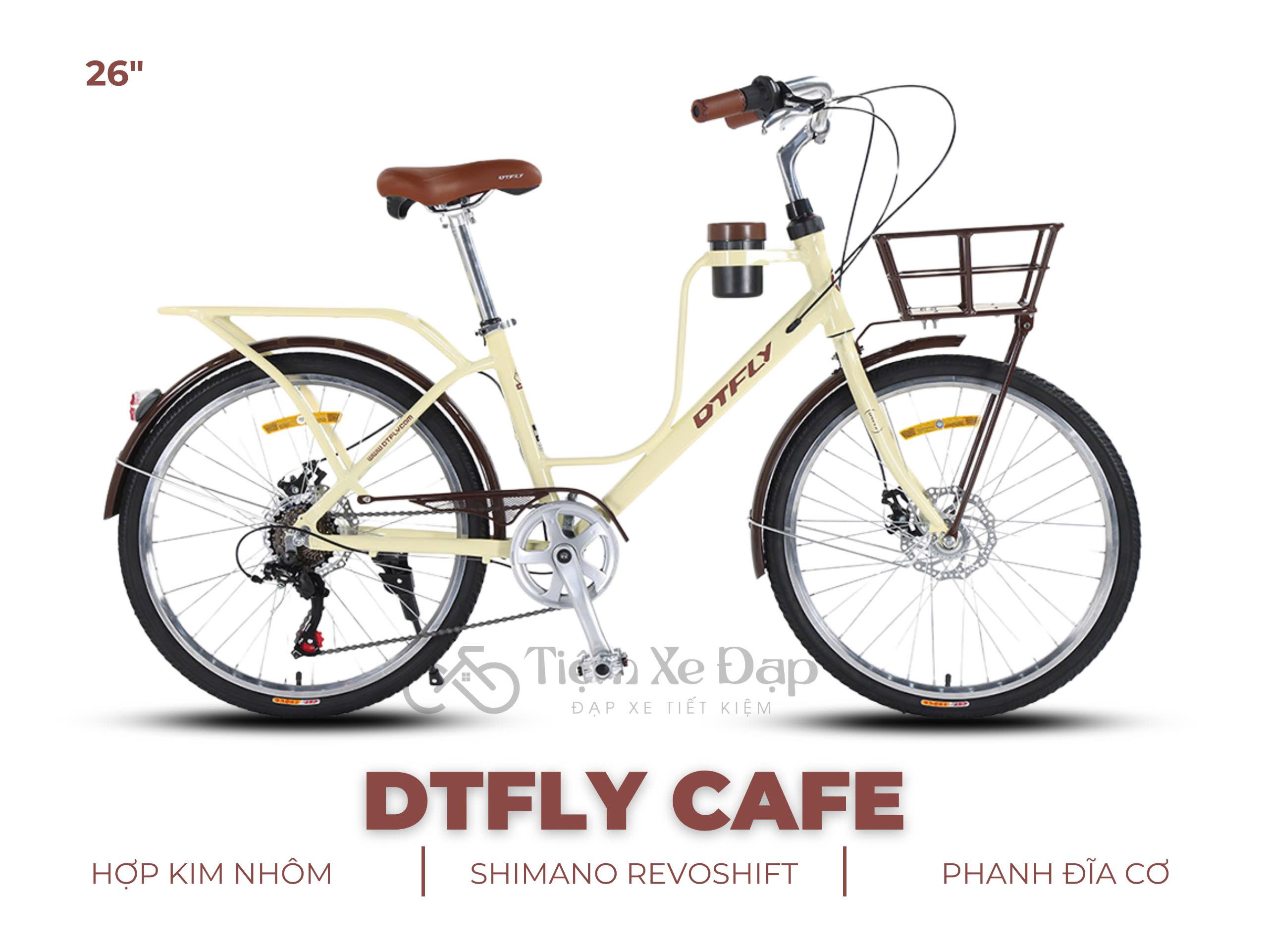 DTFLY CAFE Xe đạp nữ - Xe đạp phổ thông - Khung nhôm, giỏ nhôm, baga nhôm liền khung, Tay đề vặn Shimano Revoshift, 7 tốc độ