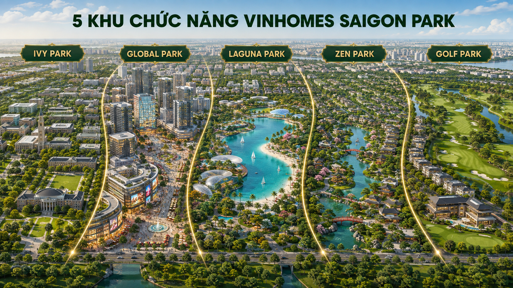 Khu chức năng: Công viên Tri Thức Ivy Park, Công viên Quốc Tế Global Park, Công viên Biển Xanh Laguna Park, Công viên Thiền Zen Park và Golf Park.